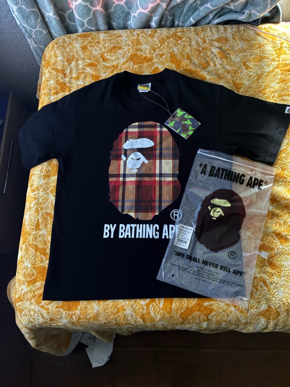 Bape Black Tee with Burberry Plaid Ape Head Graphic